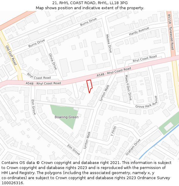 21, RHYL COAST ROAD, RHYL, LL18 3PG: Location map and indicative extent of plot