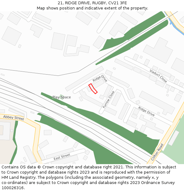 21, RIDGE DRIVE, RUGBY, CV21 3FE: Location map and indicative extent of plot