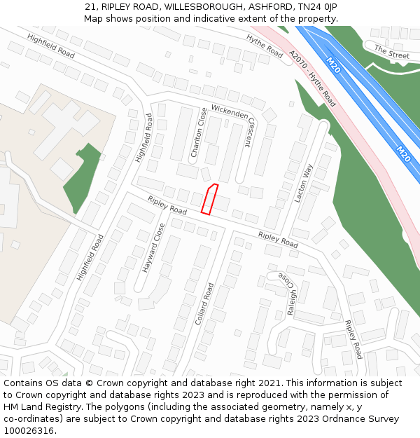 21, RIPLEY ROAD, WILLESBOROUGH, ASHFORD, TN24 0JP: Location map and indicative extent of plot