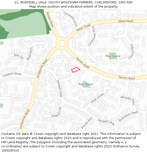 21, RIVENDELL VALE, SOUTH WOODHAM FERRERS, CHELMSFORD, CM3 5WY: Location map and indicative extent of plot