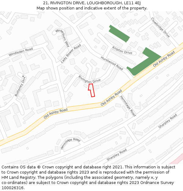 21, RIVINGTON DRIVE, LOUGHBOROUGH, LE11 4EJ: Location map and indicative extent of plot
