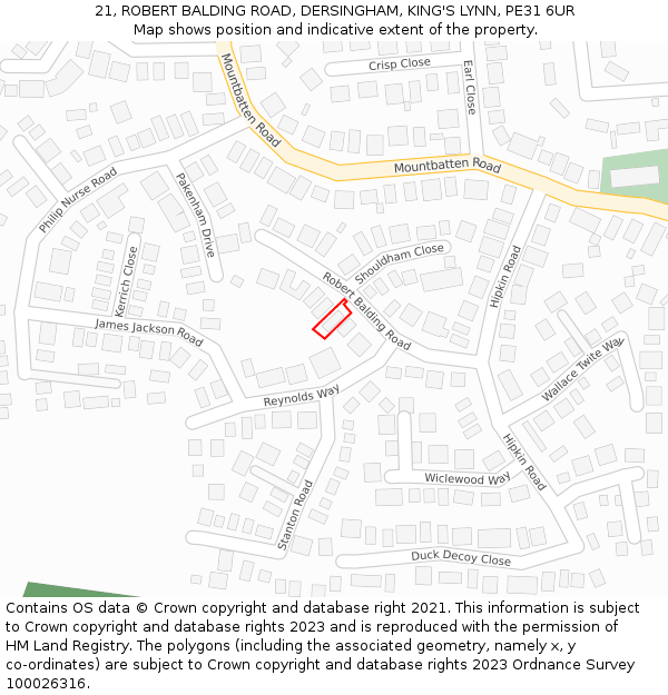 21, ROBERT BALDING ROAD, DERSINGHAM, KING'S LYNN, PE31 6UR: Location map and indicative extent of plot
