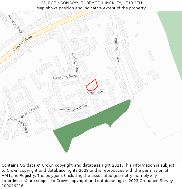 21, ROBINSON WAY, BURBAGE, HINCKLEY, LE10 2EU: Location map and indicative extent of plot