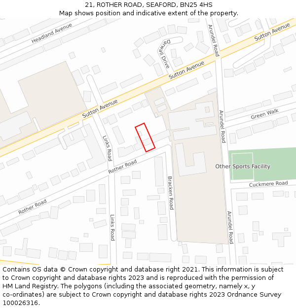21, ROTHER ROAD, SEAFORD, BN25 4HS: Location map and indicative extent of plot