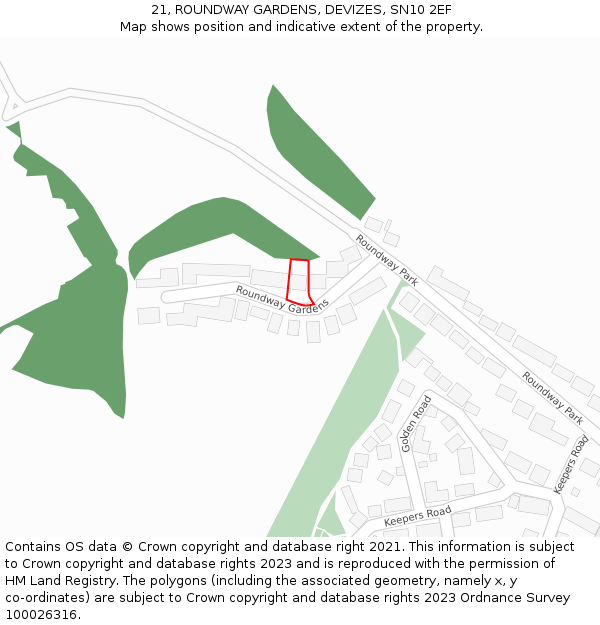 21, ROUNDWAY GARDENS, DEVIZES, SN10 2EF: Location map and indicative extent of plot