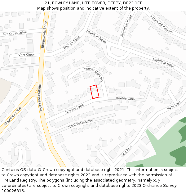 21, ROWLEY LANE, LITTLEOVER, DERBY, DE23 1FT: Location map and indicative extent of plot
