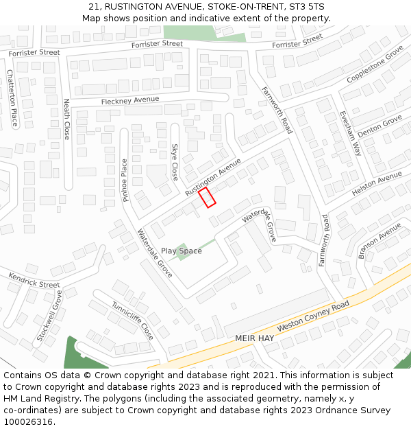 21, RUSTINGTON AVENUE, STOKE-ON-TRENT, ST3 5TS: Location map and indicative extent of plot