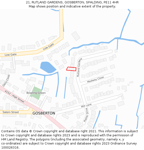 21, RUTLAND GARDENS, GOSBERTON, SPALDING, PE11 4HR: Location map and indicative extent of plot