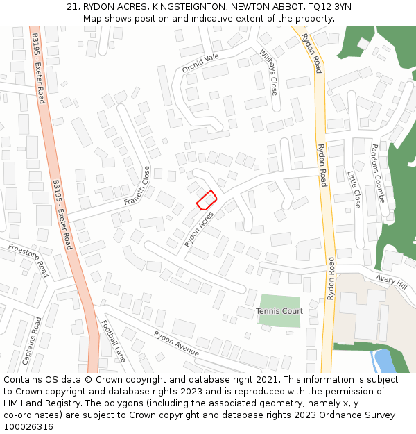 21, RYDON ACRES, KINGSTEIGNTON, NEWTON ABBOT, TQ12 3YN: Location map and indicative extent of plot