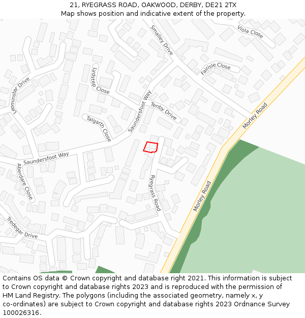 21, RYEGRASS ROAD, OAKWOOD, DERBY, DE21 2TX: Location map and indicative extent of plot