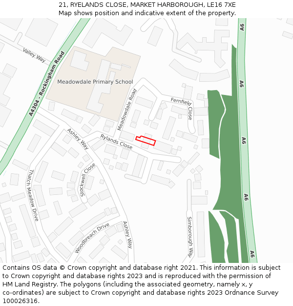21, RYELANDS CLOSE, MARKET HARBOROUGH, LE16 7XE: Location map and indicative extent of plot