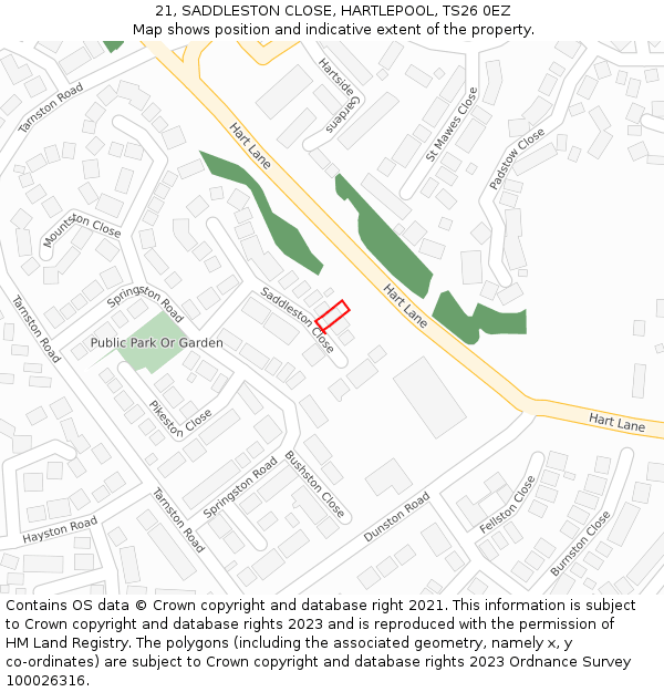 21, SADDLESTON CLOSE, HARTLEPOOL, TS26 0EZ: Location map and indicative extent of plot