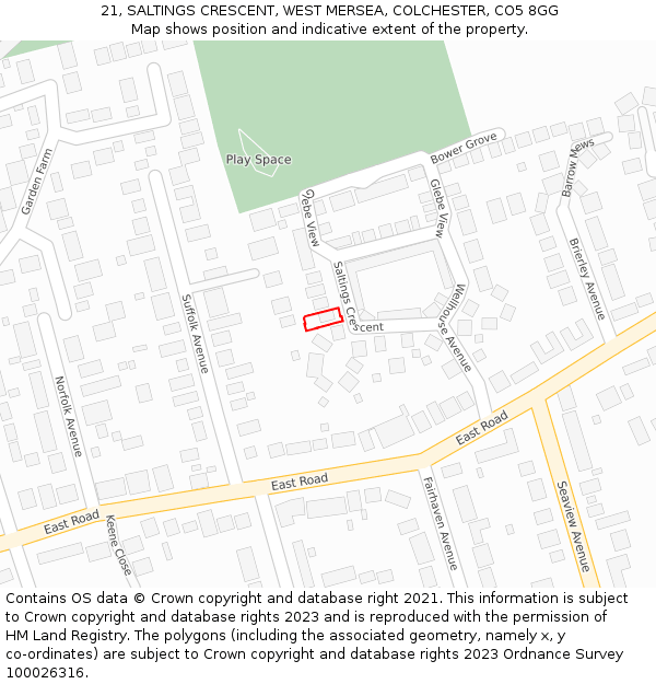 21, SALTINGS CRESCENT, WEST MERSEA, COLCHESTER, CO5 8GG: Location map and indicative extent of plot