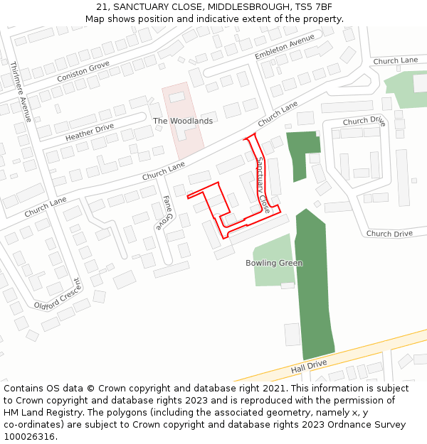 21, SANCTUARY CLOSE, MIDDLESBROUGH, TS5 7BF: Location map and indicative extent of plot