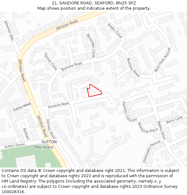 21, SANDORE ROAD, SEAFORD, BN25 3PZ: Location map and indicative extent of plot