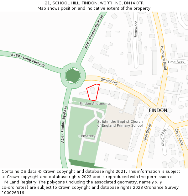 21, SCHOOL HILL, FINDON, WORTHING, BN14 0TR: Location map and indicative extent of plot
