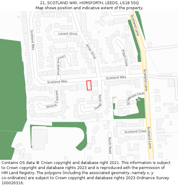 21, SCOTLAND WAY, HORSFORTH, LEEDS, LS18 5SQ: Location map and indicative extent of plot