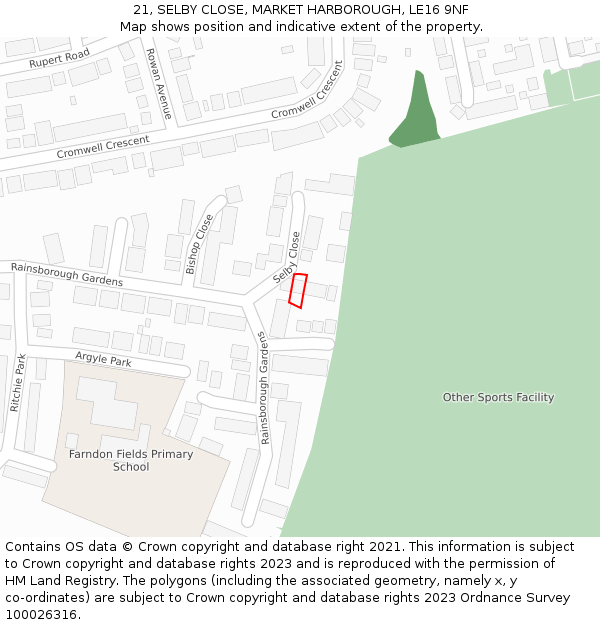 21, SELBY CLOSE, MARKET HARBOROUGH, LE16 9NF: Location map and indicative extent of plot