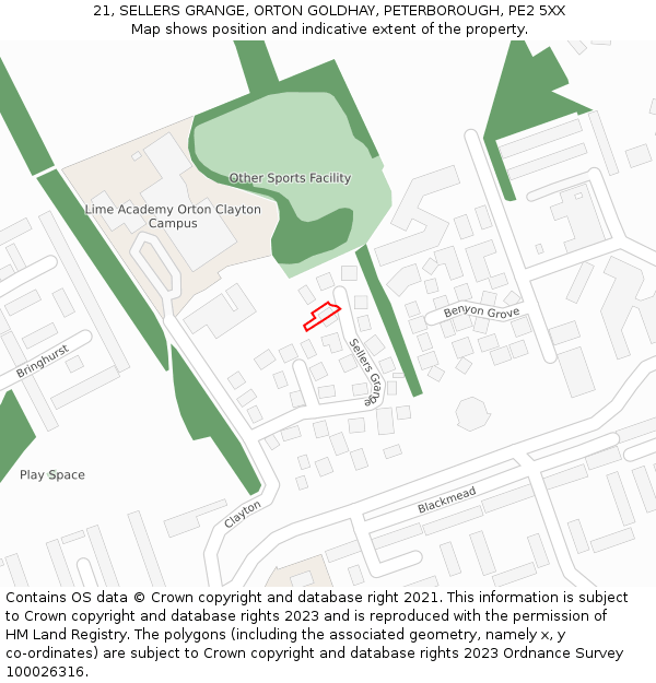 21, SELLERS GRANGE, ORTON GOLDHAY, PETERBOROUGH, PE2 5XX: Location map and indicative extent of plot