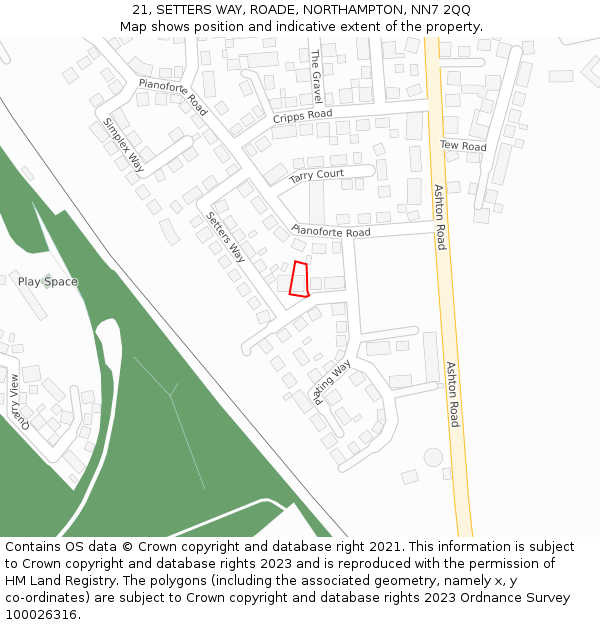 21, SETTERS WAY, ROADE, NORTHAMPTON, NN7 2QQ: Location map and indicative extent of plot