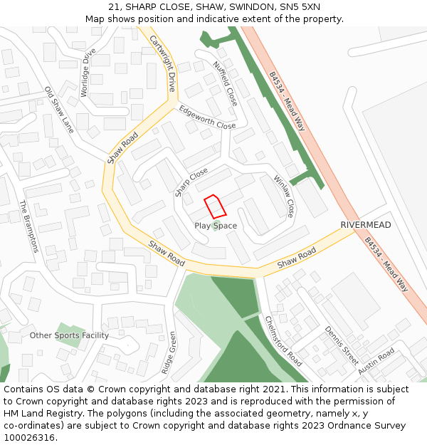 21, SHARP CLOSE, SHAW, SWINDON, SN5 5XN: Location map and indicative extent of plot