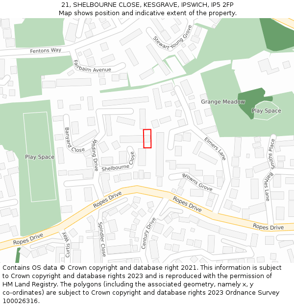 21, SHELBOURNE CLOSE, KESGRAVE, IPSWICH, IP5 2FP: Location map and indicative extent of plot