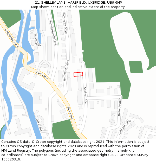 21, SHELLEY LANE, HAREFIELD, UXBRIDGE, UB9 6HP: Location map and indicative extent of plot