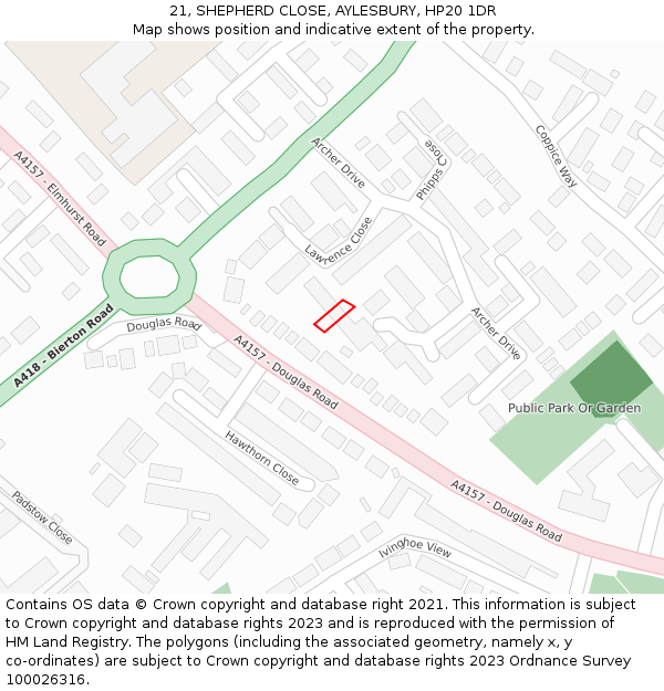 21, SHEPHERD CLOSE, AYLESBURY, HP20 1DR: Location map and indicative extent of plot