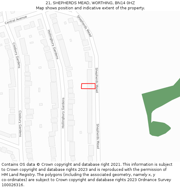 21, SHEPHERDS MEAD, WORTHING, BN14 0HZ: Location map and indicative extent of plot