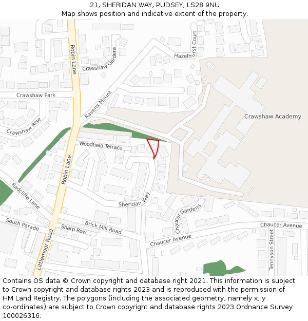 21, SHERIDAN WAY, PUDSEY, LS28 9NU: Location map and indicative extent of plot