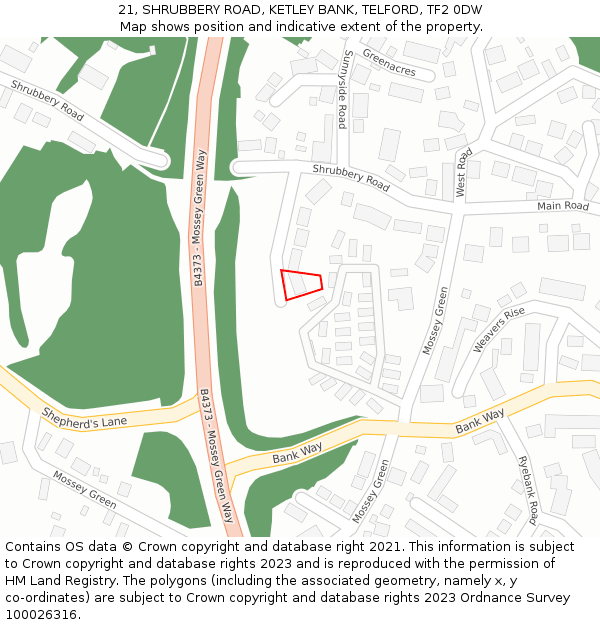 21, SHRUBBERY ROAD, KETLEY BANK, TELFORD, TF2 0DW: Location map and indicative extent of plot