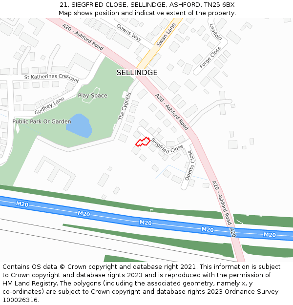 21, SIEGFRIED CLOSE, SELLINDGE, ASHFORD, TN25 6BX: Location map and indicative extent of plot