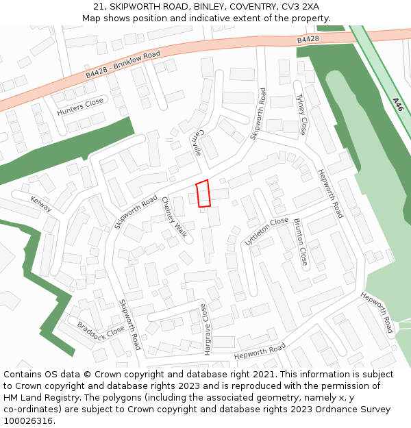 21, SKIPWORTH ROAD, BINLEY, COVENTRY, CV3 2XA: Location map and indicative extent of plot