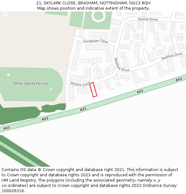 21, SKYLARK CLOSE, BINGHAM, NOTTINGHAM, NG13 8QH: Location map and indicative extent of plot