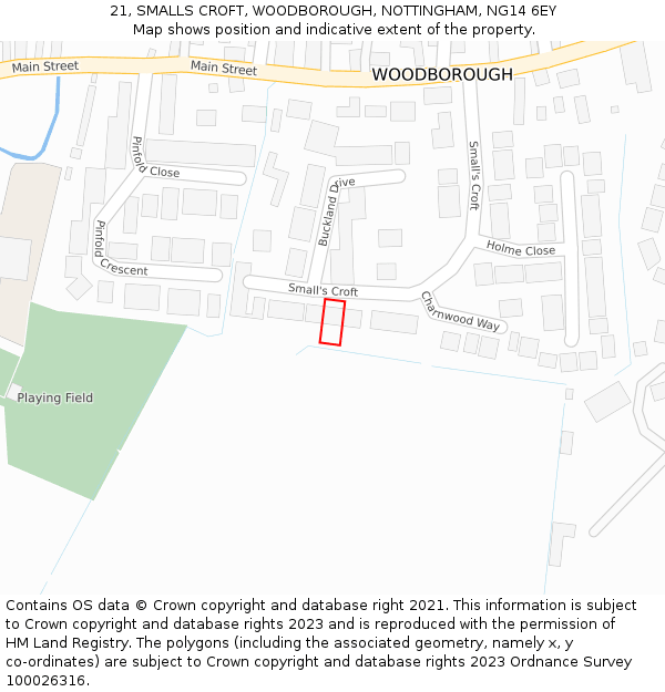 21, SMALLS CROFT, WOODBOROUGH, NOTTINGHAM, NG14 6EY: Location map and indicative extent of plot