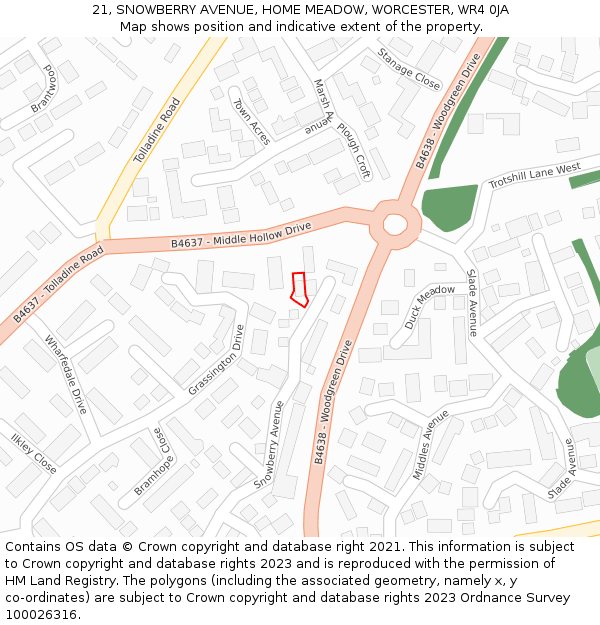 21, SNOWBERRY AVENUE, HOME MEADOW, WORCESTER, WR4 0JA: Location map and indicative extent of plot
