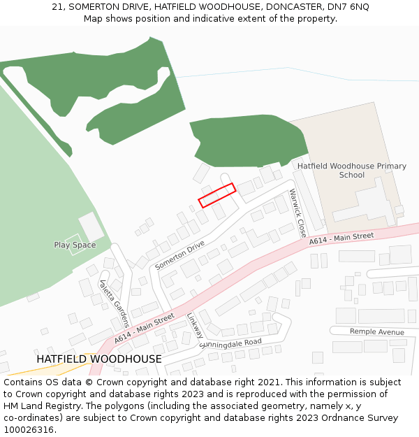 21, SOMERTON DRIVE, HATFIELD WOODHOUSE, DONCASTER, DN7 6NQ: Location map and indicative extent of plot