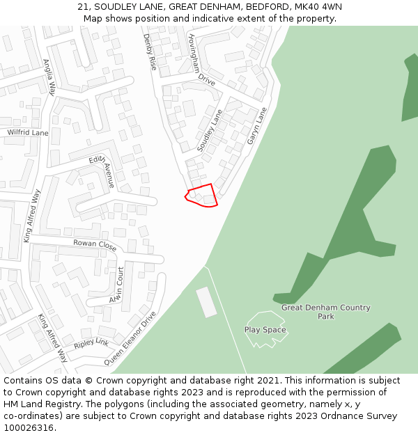 21, SOUDLEY LANE, GREAT DENHAM, BEDFORD, MK40 4WN: Location map and indicative extent of plot