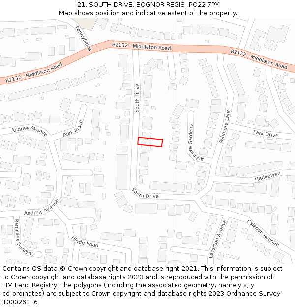 21, SOUTH DRIVE, BOGNOR REGIS, PO22 7PY: Location map and indicative extent of plot