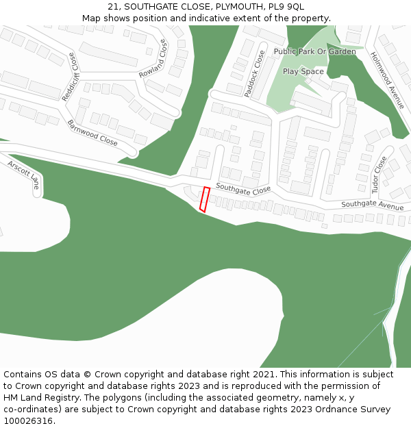 21, SOUTHGATE CLOSE, PLYMOUTH, PL9 9QL: Location map and indicative extent of plot