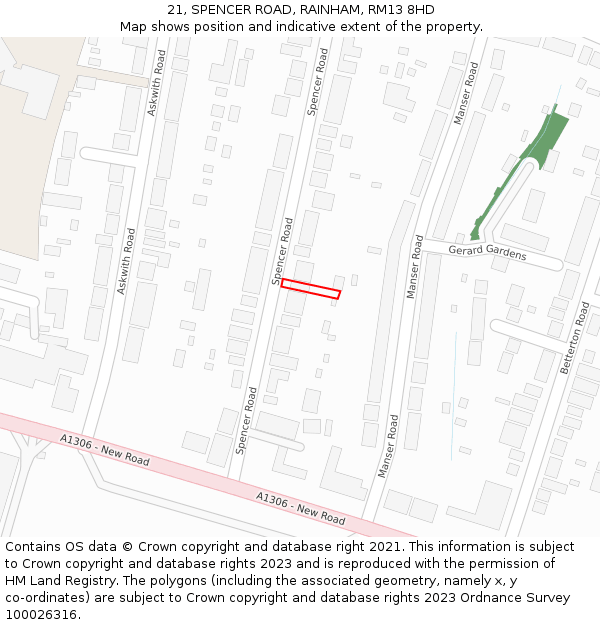 21, SPENCER ROAD, RAINHAM, RM13 8HD: Location map and indicative extent of plot