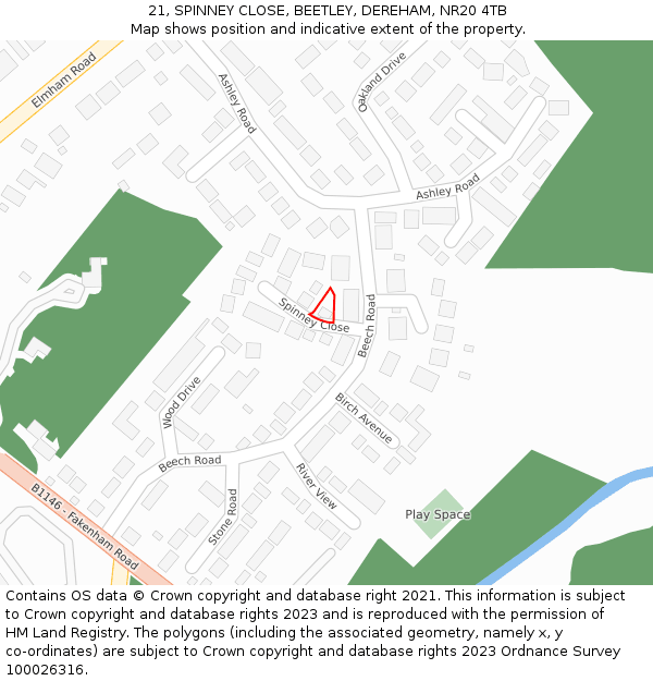 21, SPINNEY CLOSE, BEETLEY, DEREHAM, NR20 4TB: Location map and indicative extent of plot