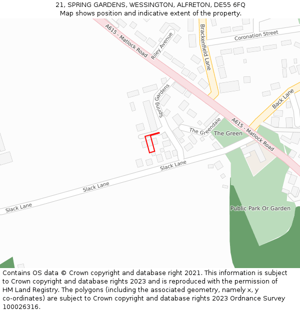 21, SPRING GARDENS, WESSINGTON, ALFRETON, DE55 6FQ: Location map and indicative extent of plot