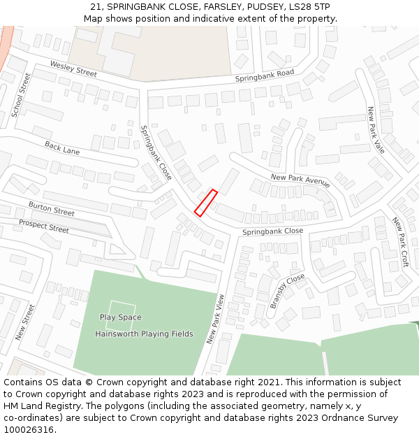 21, SPRINGBANK CLOSE, FARSLEY, PUDSEY, LS28 5TP: Location map and indicative extent of plot