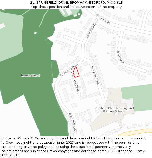 21, SPRINGFIELD DRIVE, BROMHAM, BEDFORD, MK43 8LE: Location map and indicative extent of plot