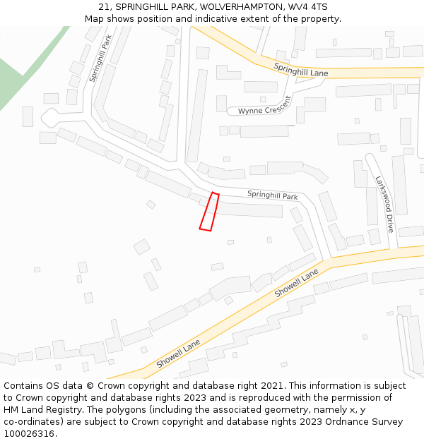 21, SPRINGHILL PARK, WOLVERHAMPTON, WV4 4TS: Location map and indicative extent of plot