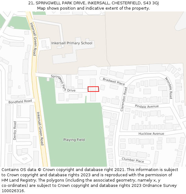 21, SPRINGWELL PARK DRIVE, INKERSALL, CHESTERFIELD, S43 3GJ: Location map and indicative extent of plot