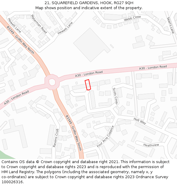 21, SQUAREFIELD GARDENS, HOOK, RG27 9QH: Location map and indicative extent of plot