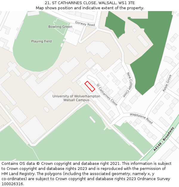 21, ST CATHARINES CLOSE, WALSALL, WS1 3TE: Location map and indicative extent of plot