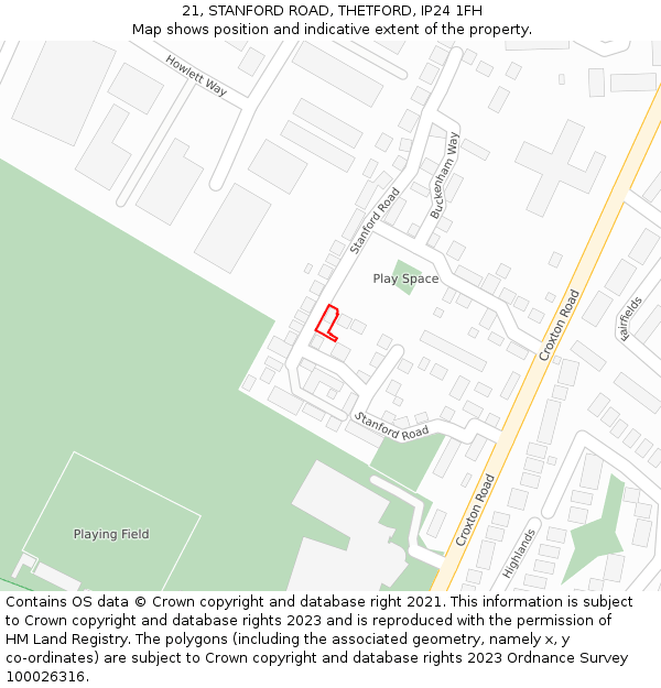 21, STANFORD ROAD, THETFORD, IP24 1FH: Location map and indicative extent of plot